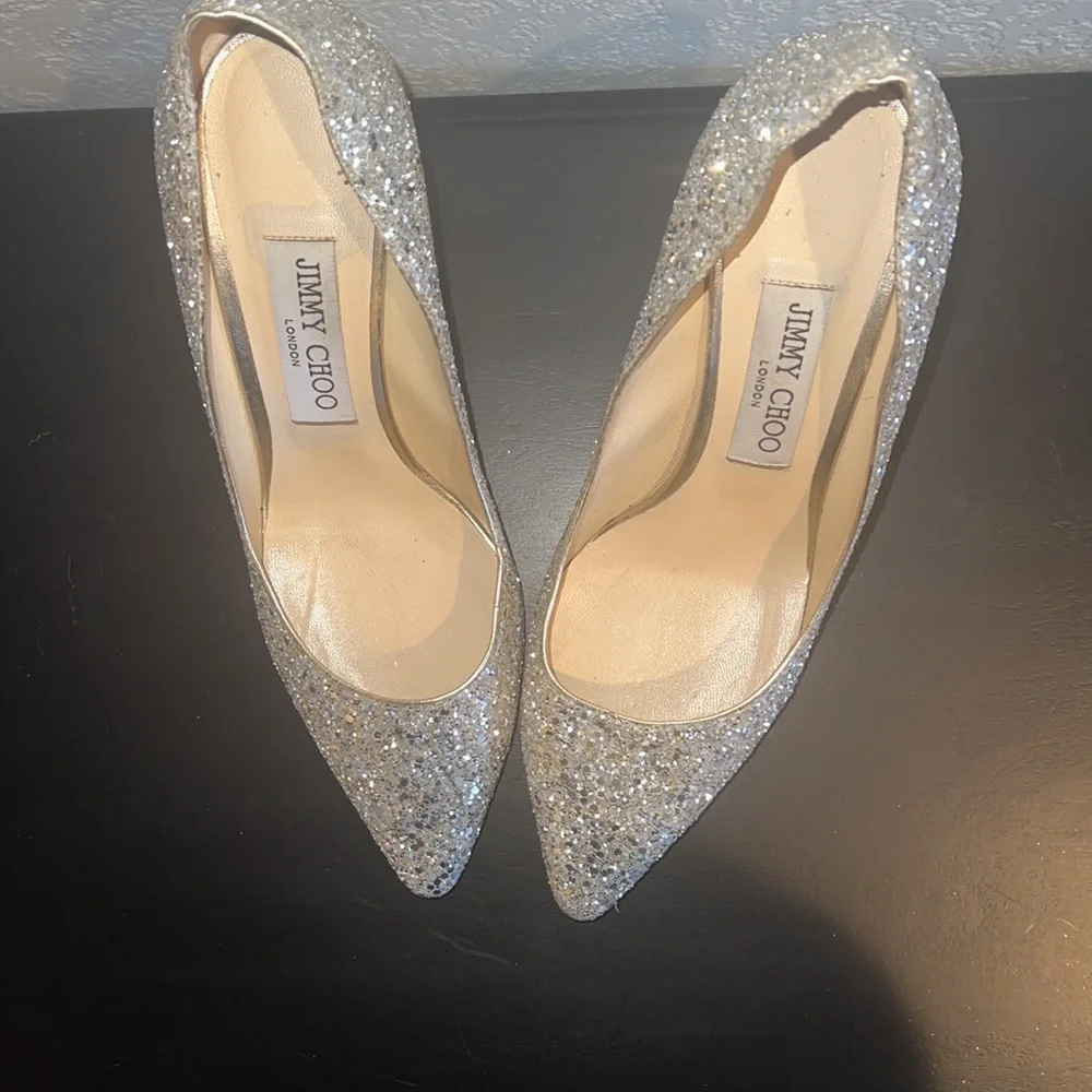 Jimmy Choi Authentic Silver Coarse Glitter Romy 85 Heels - Picture 5 of 9
